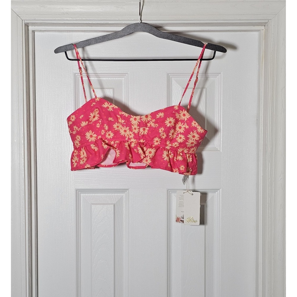 Revolve Aqua Benita Ditzy Floral Crop Top Women's Size Small Pink Orange Ruffle
